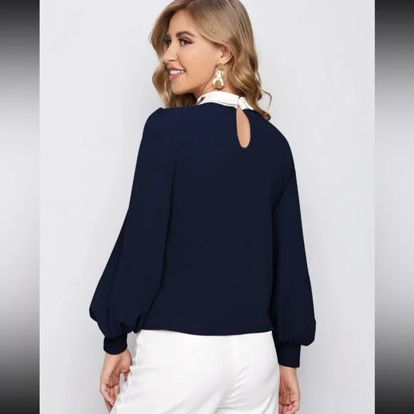 Navy Blue Blouse with White Collar Detail - Picture 2 of 3